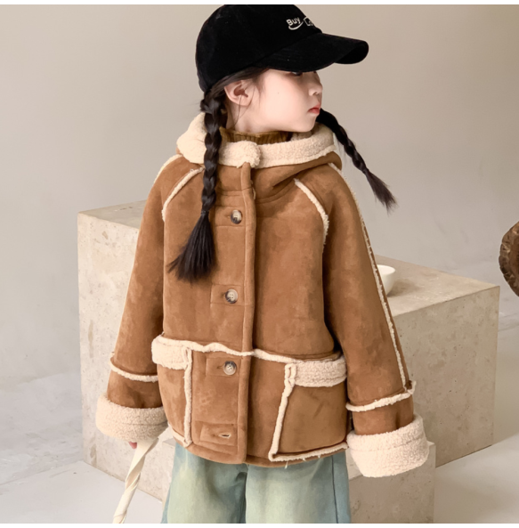 New Autumn and Winter Girls' Fleece Hooded Fur One-Piece and Thickened Fashionable Warm Party Cotton Jacket for 1-10 Years