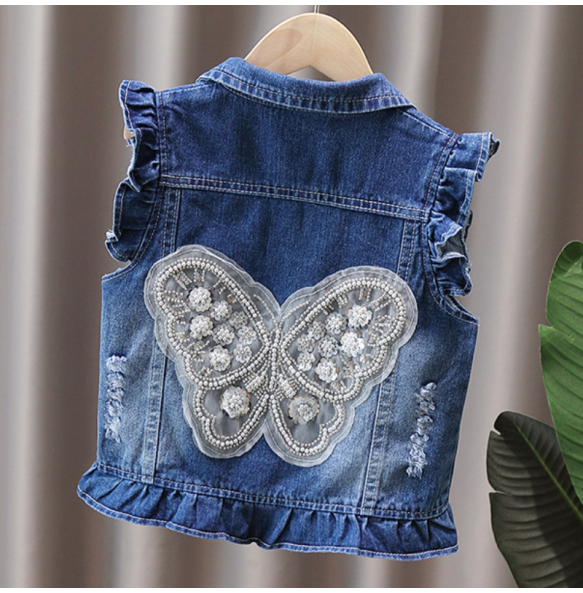 Children's Vest Spring and Autumn New Bow Crown Flower Print Flip Collar Vest Sweet and Cute Fashion Versatile Coat