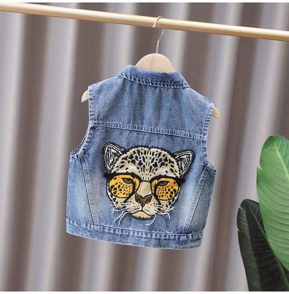 Boys and Girls Fashion Glasses Leopard Head Printed Lapel Denim Vest Spring and Autumn Versatile Show Tank Top