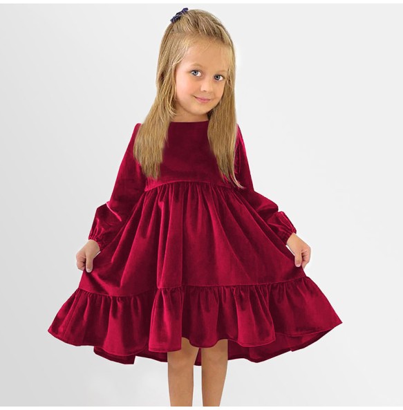 New 7-12 years Girls Spring Autumn Winter Velvet Long Sleeve Ruffle Hem Dress Princess Kids Party Dressess Children Clothing