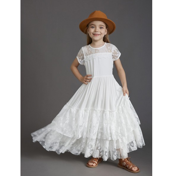 New 2024 Princess Girls Short Sleeve Lace Long Floor Dresses Baby Kids Flower Wedding Christmas Party Vestidos Children Clothing