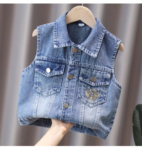 Boys and Girls Fashion Glasses Leopard Head Printed Lapel Denim Vest Spring and Autumn Versatile Show Tank Top