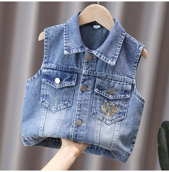 Boys and Girls Fashion Glasses Leopard Head Printed Lapel Denim Vest Spring and Autumn Versatile Show Tank Top