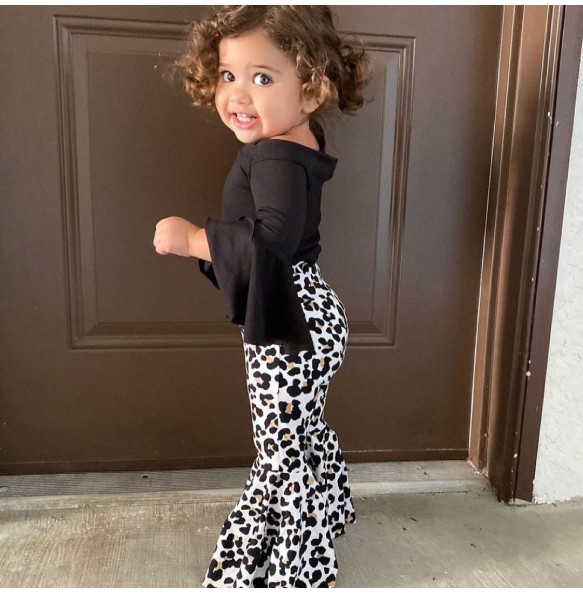 New Girl's Black Pure Cotton Medium Long Flare Sleeve T-Shirt with Leopard Print Pants Fashion Party Show Girl Set