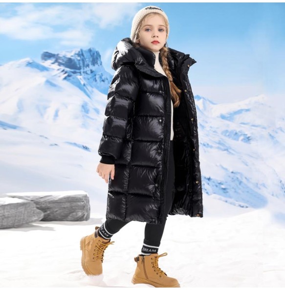 Boys and Girls Winter New Black and Gold Long Knee Length Plush and Thick Hooded Windproof and Warm Fashionable Cotton Jacket