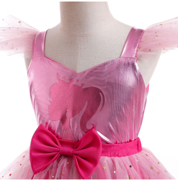 2024 Girls' New Barbie Bow Print Small Flying Sleeve Dress for Graduation Party Sweet and Cute Fashion Mesh Dress