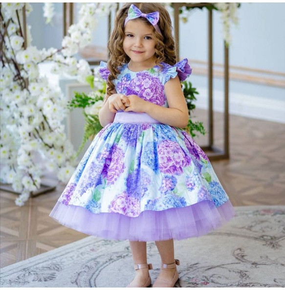 New Girls Dress With Headdress Bow Print Small Fly Sleeve Holiday Wedding Christmas Girls Princess Dress