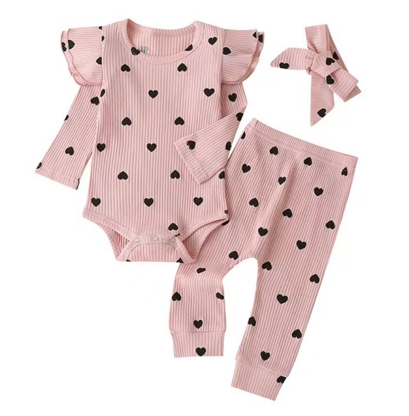 3Pcs Baby Girl Outfit Set Newborn Toddler Kids Clothing Set Baby Girls Lace Ruffles Cotton Bodysuit +Pants+Headband Clothing