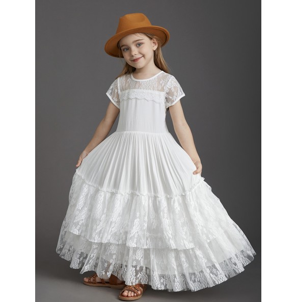 New 2024 Princess Girls Short Sleeve Lace Long Floor Dresses Baby Kids Flower Wedding Christmas Party Vestidos Children Clothing