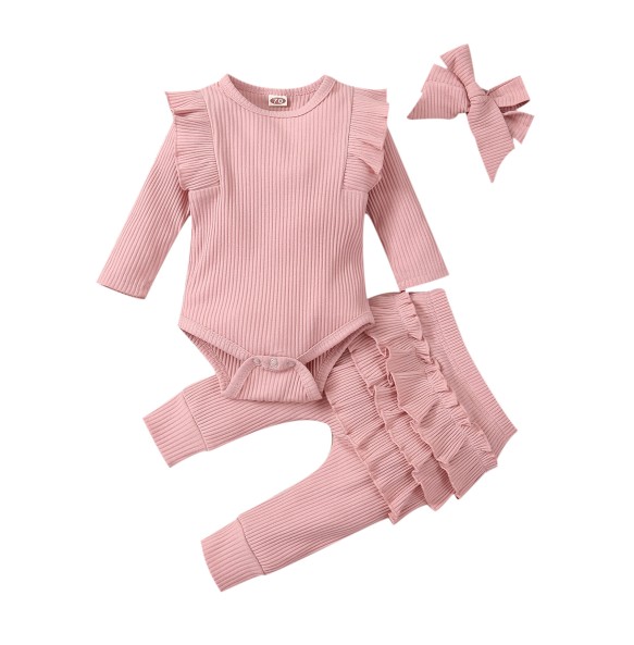 3Pcs Baby Girl Outfit Set Newborn Toddler Kids Clothing Set Baby Girls Lace Ruffles Cotton Bodysuit +Pants+Headband Clothing