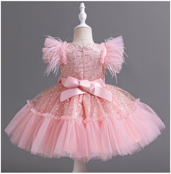 Summer New Girl's Sequin Flying Sleeves Big Bow Mesh Spliced Dress Birthday Party Wedding Flower Girl Princess Dress