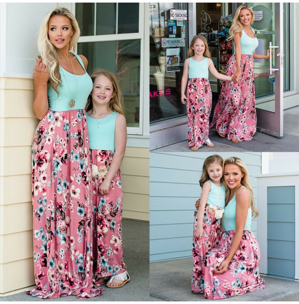 Summer Mother and Daughter Flower Long Dresses Beach Party Bohemia Maxi Dress Sundress Outfits Cotton Beachwear for Parent-Child