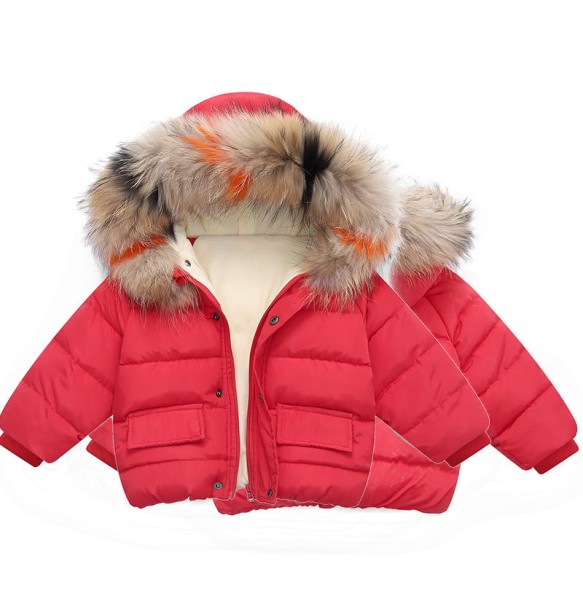 Boys and Girls Autumn and Winter New Solid Color Hooded Wool Collar with Plush and Thickened Windproof and Warm Cotton Coat