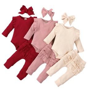 3Pcs Baby Girl Outfit Set Newborn Toddler Kids Clothing Set Baby Girls Lace Ruffles Cotton Bodysuit +Pants+Headband Clothing