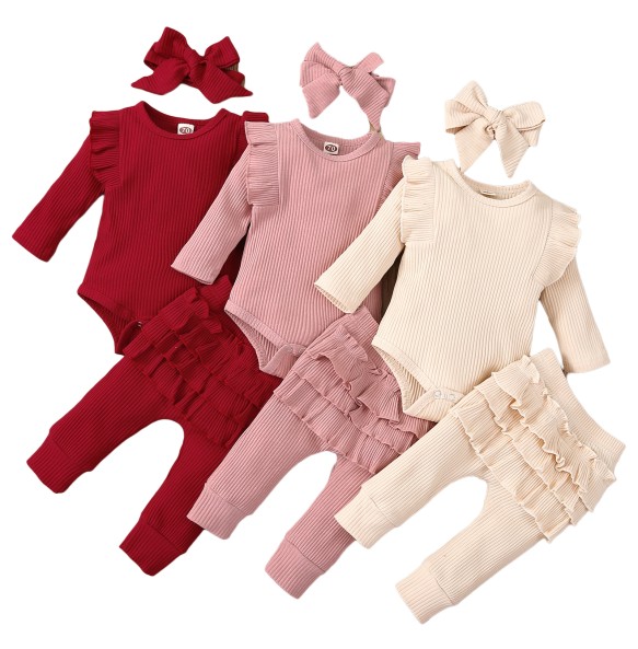 3Pcs Baby Girl Outfit Set Newborn Toddler Kids Clothing Set Baby Girls Lace Ruffles Cotton Bodysuit +Pants+Headband Clothing