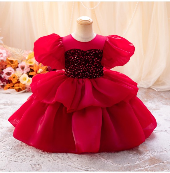 Girl's New Mesh Bubble Sleeves Sequin Fluffy Skirt Birthday Party Wedding Flower Girl School Stage Drama Performance Dress