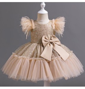 Summer New Girl's Sequin Flying Sleeves Big Bow Mesh Spliced Dress Birthday Party Wedding Flower Girl Princess Dress