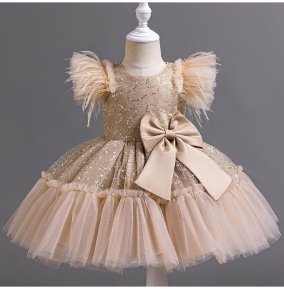 Summer New Girl's Sequin Flying Sleeves Big Bow Mesh Spliced Dress Birthday Party Wedding Flower Girl Princess Dress