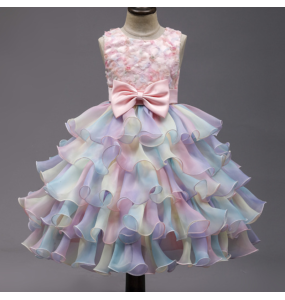 Summer New Wedding Flower Girl Birthday Party Rainbow Bow Fluffy Skirt Christmas School Stage Drama Mesh Performance Dress