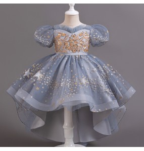 Summer New Girl's Sequin Sticker Tail Mesh Fluffy Dress Wedding Flower Children's Day Party Bubble Sleeve Princess Dress