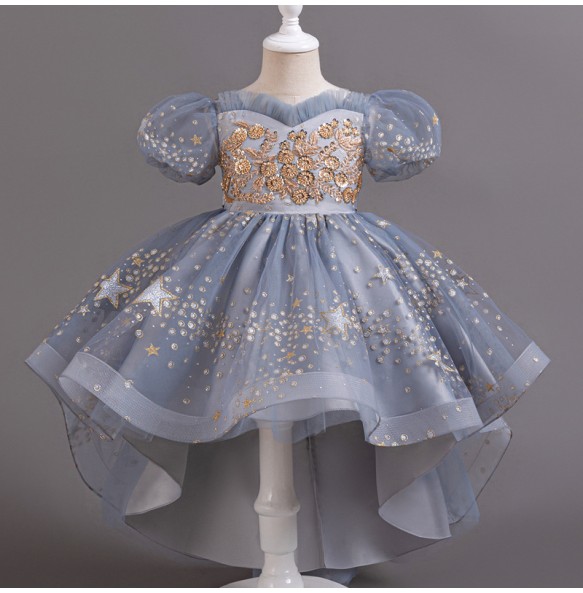 Summer New Girl's Sequin Sticker Tail Mesh Fluffy Dress Wedding Flower Children's Day Party Bubble Sleeve Princess Dress