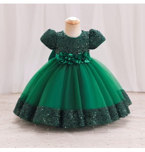 Hight Quality Princess Girls Sequin Flower Short Sleeve Ball Gown Party Dress Baby Kids Elegant Wedding Baptismal Dress Clothing