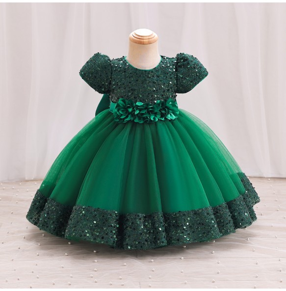 Hight Quality Princess Girls Sequin Flower Short Sleeve Ball Gown Party Dress Baby Kids Elegant Wedding Baptismal Dress Clothing