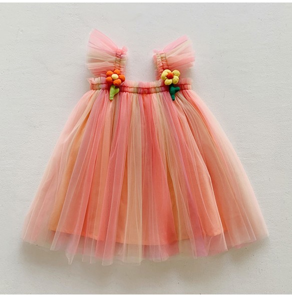 Summer Princess Girls Tulle Super Fairy Dresses Rainbow Flower Party Tutu Dress Children Mesh Puffy Birthday Vestidos Clothing