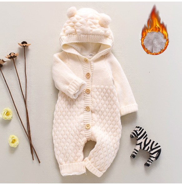 Winter Thick Warn Baby Kids Woolen Knitted Jumpsuit Infant Boys Girls Sweater Hoodied Cute Romper Toddler Outfits Clothing