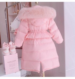 Girls' Winter New Solid Color Hoodie with Hairy Collar and Waist Collection Fashionable Windproof and Warm Long Cotton Jacket