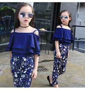 Summer Teen Girls Flower Chiffon Clothing Set Children Off Shoulder tops Floral Pants Kids Outfits Girl Clothes For 8 12 14Years