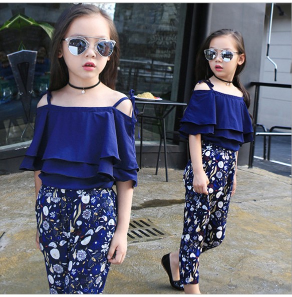 Summer Teen Girls Flower Chiffon Clothing Set Children Off Shoulder tops Floral Pants Kids Outfits Girl Clothes For 8 12 14Years