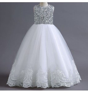 Girls sleeveless Wedding Dress children clothing pearl diamond Party Lace Tulle Princess Birthday Dress Communion Gown for Girl