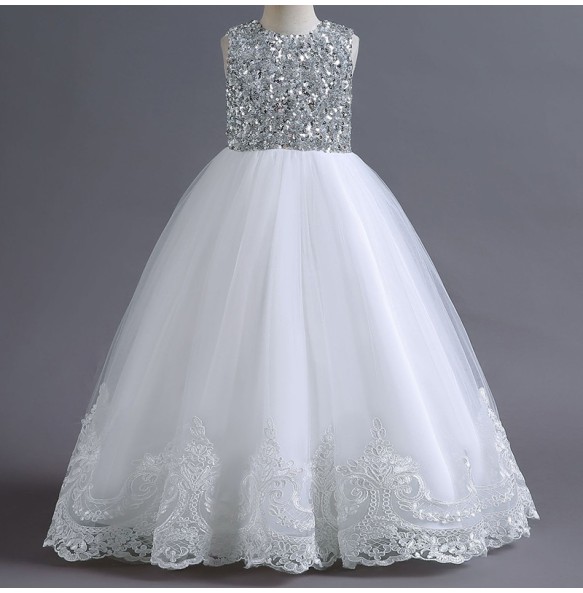 Girls sleeveless Wedding Dress children clothing pearl diamond Party Lace Tulle Princess Birthday Dress Communion Gown for Girl