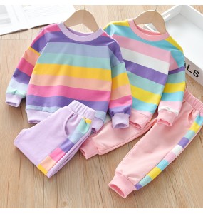 Baby Girls Rainbow Striped Spring Autumn Sport Causal Clothing Sets Children Kids Hoody T Shirt Pants Clothes for 2 to 8 years