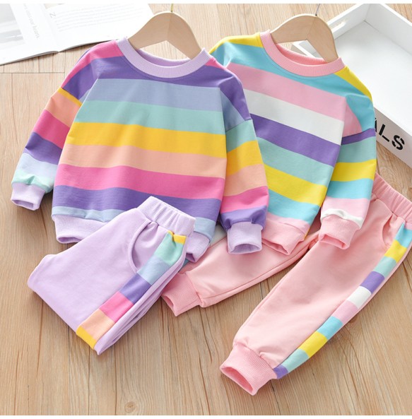 Baby Girls Rainbow Striped Spring Autumn Sport Causal Clothing Sets Children Kids Hoody T Shirt Pants Clothes for 2 to 8 years