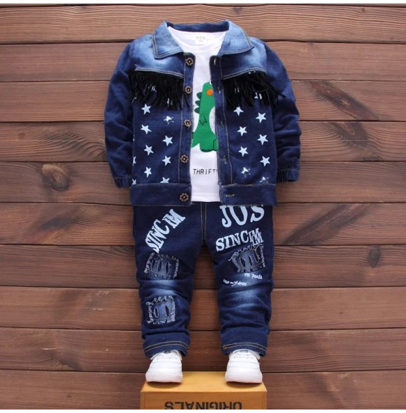 Baby Kids Denim Jacket Boys Coat Toddler Sport Clothes Suit Clothing Set Cotton Jeans Coat T-shirt Pants Star Tracksuit Children