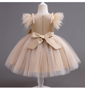 Summer Girls' New Bow Sequin Flying Sleeves Mesh Fluffy Skirt Piano Competition School Graduation Ceremony Dress