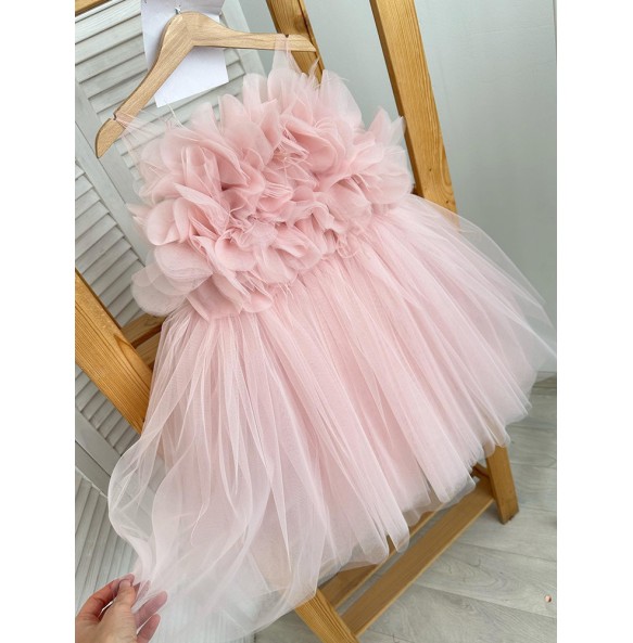 Girl's New 3D Decal Sleeveless Mesh Solid Color Sweet and Cute Princess Dress Wedding Flower Girl Evening Dress for 1-12 Years