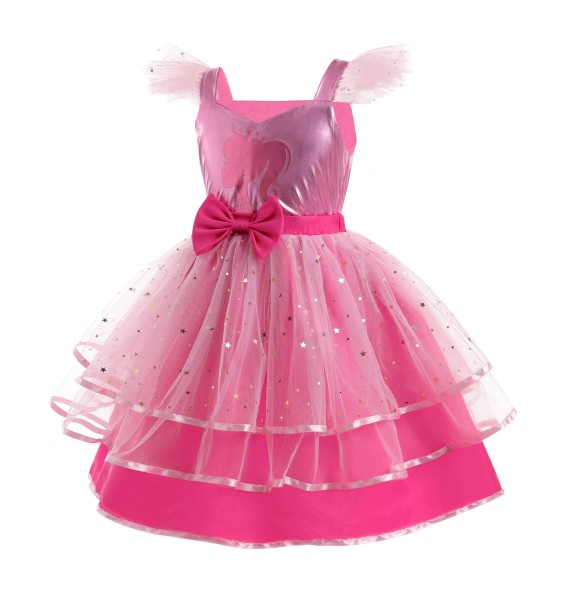 2024 Girls' New Barbie Bow Print Small Flying Sleeve Dress for Graduation Party Sweet and Cute Fashion Mesh Dress