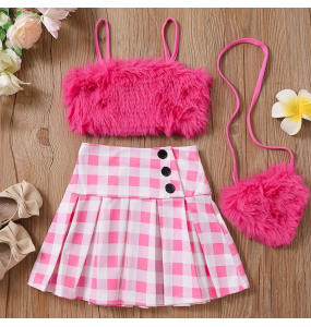 New Baby Girls Barbie Pink Fake Leather Slip Vest + Plaid Skirt + Love Heart Bag Clothing Set Kids Fashion Cool Hot Pink Clothes