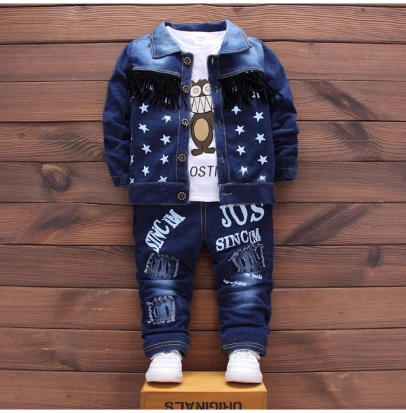 Baby Kids Denim Jacket Boys Coat Toddler Sport Clothes Suit Clothing Set Cotton Jeans Coat T-shirt Pants Star Tracksuit Children