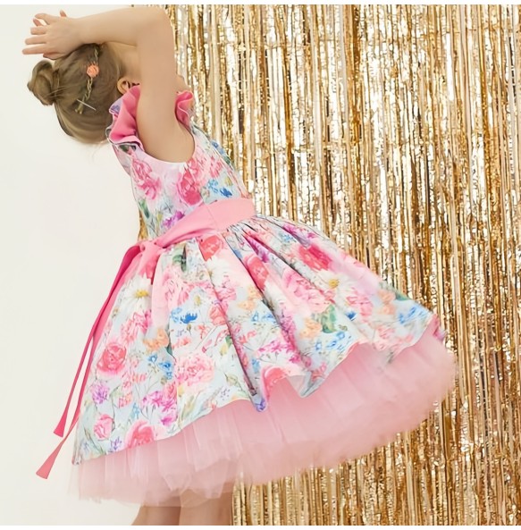 New Girls Dress With Headdress Bow Print Small Fly Sleeve Holiday Wedding Christmas Girls Princess Dress