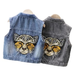 Boys and Girls Fashion Glasses Leopard Head Printed Lapel Denim Vest Spring and Autumn Versatile Show Tank Top