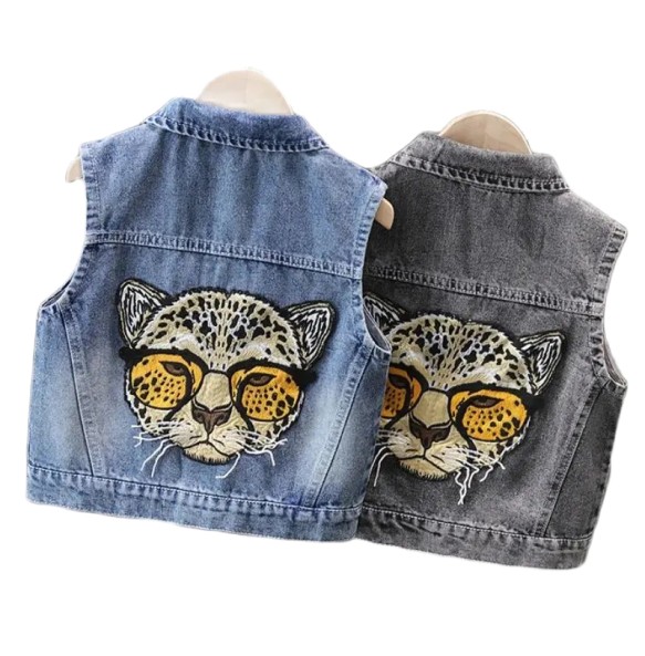 Boys and Girls Fashion Glasses Leopard Head Printed Lapel Denim Vest Spring and Autumn Versatile Show Tank Top