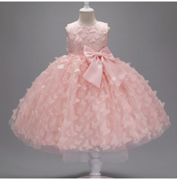 Girl's New Butterfly Skirt with Large Bow, Sweet and Cute Sleeveless Mesh Puffy Skirt Wedding Flower Girl Fashion Dress