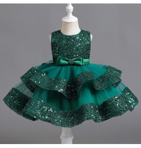 Summer New Beaded Bow Tie Sequin Mesh Children's Sleeveless Evening Dress School Graduation Party Multi Layered Dress