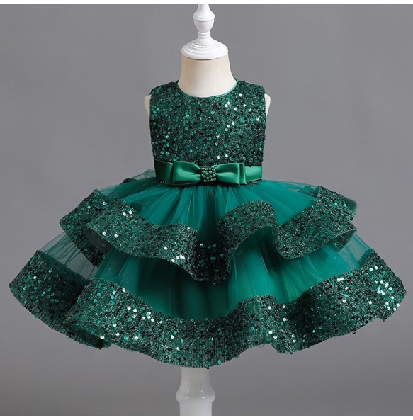 Summer New Beaded Bow Tie Sequin Mesh Children's Sleeveless Evening Dress School Graduation Party Multi Layered Dress