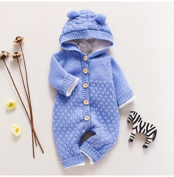 Winter Thick Warn Baby Kids Woolen Knitted Jumpsuit Infant Boys Girls Sweater Hoodied Cute Romper Toddler Outfits Clothing