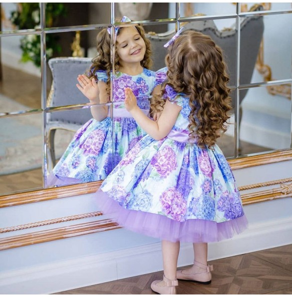 New Girls Dress With Headdress Bow Print Small Fly Sleeve Holiday Wedding Christmas Girls Princess Dress